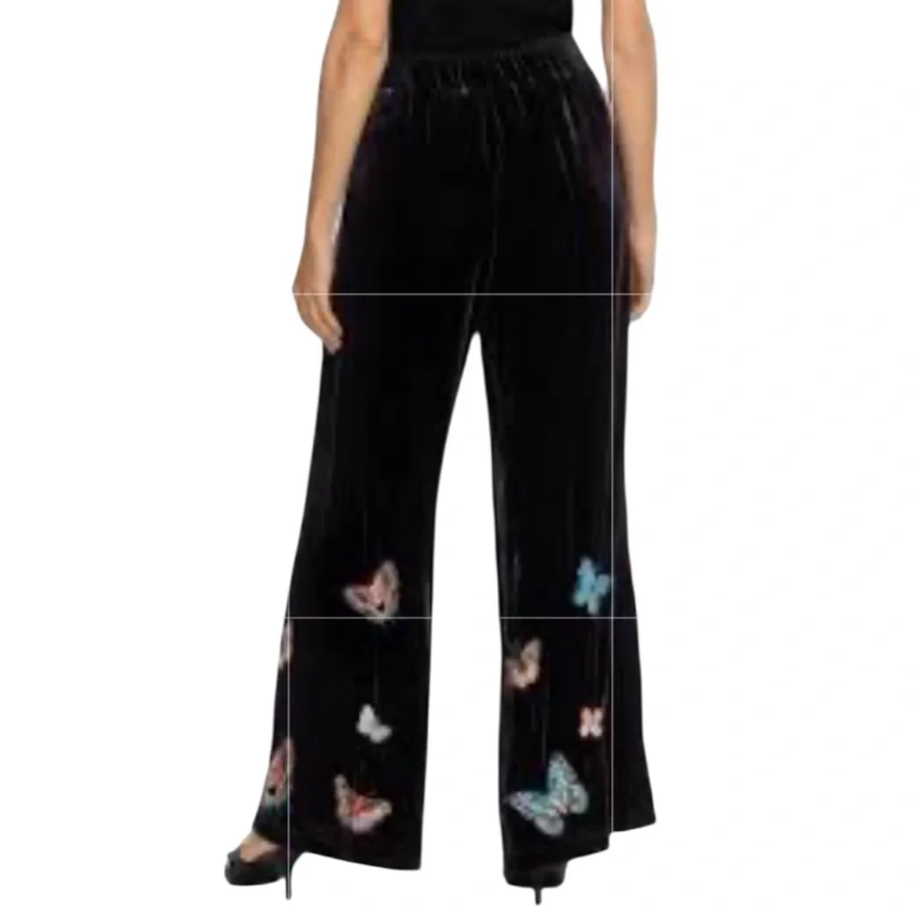 JOHNNY WAS‎ Luciana Seamed Wide Leg Velvet Pant Embroidered Butterflies Size XS